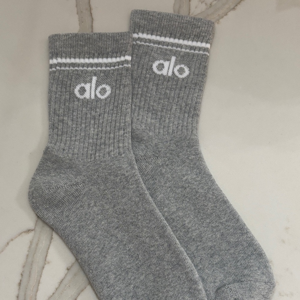 ALO Yoga Gray Crew Athletic Socks with White Logo